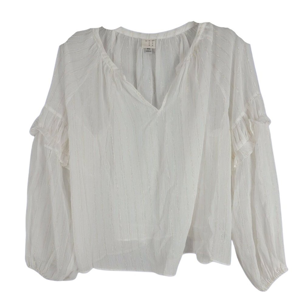 A New Day Womens Gold, Silver Striped Split Neck Puff Ruffled Sleeves Top XXL
